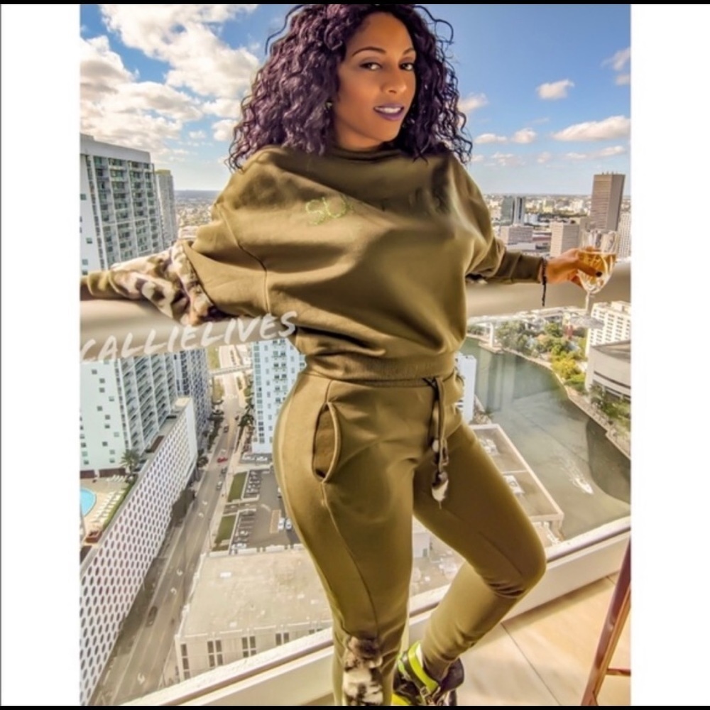 Callie Lives Olive Green Survivor Joggers with Camo Accents
